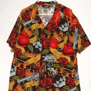 Buffalo Outdoors Men’s Rayon Button Up Biker Tattoo Art Old School Lucky Shirt